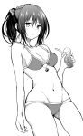  arm_at_side ass_visible_through_thighs bangs bare_arms bare_legs bare_shoulders bikini bow breasts cleavage cup drinking_straw eyebrows_visible_through_hair greyscale groin hair_between_eyes hair_bow hakurei_reimu hand_up highres holding holding_cup hyurasan ice ice_cube looking_at_viewer lowleg lowleg_bikini medium_breasts monochrome navel parted_lips ponytail shiny shiny_hair simple_background solo swimsuit touhou white_background yin_yang 