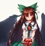  artist_name asrielchu black_wings blush bow box brown_hair cape collared_shirt commentary_request eyebrows_visible_through_hair feathered_wings gift gift_box green_bow green_skirt hair_between_eyes hair_bow head_tilt heart holding holding_gift long_hair looking_at_viewer parted_lips puffy_short_sleeves puffy_sleeves red_eyes red_ribbon reiuji_utsuho ribbon shiny shirt short_sleeves simple_background skirt smile solo spoken_heart third_eye touhou upper_body very_long_hair white_background white_shirt wing_collar wings 