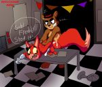  2018 anal anal_penetration animatronic anthro balls bear belly brown_fur canine cum cum_inside cumshot desk detailed_background dialogue digital_media_(artwork) duo ejaculation english_text erection eye_patch eyewear fan_(disambiguation) five_nights_at_freddy&#039;s forced fox foxy_(fnaf) freddy_(fnaf) fur hat hi_res hook_hand humanoid_hands humanoid_penis machine male male/male mammal nipples nude office open_mouth orgasm overweight overweight_male penetration penis rape redcoonie robot sex slightly_chubby smile standing teeth text top_hat video_games 