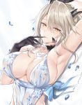  arm_up armpits artoria_pendragon_(all) artoria_pendragon_(lancer_alter) babydoll bare_shoulders bed_sheet black_gloves braid breasts cleavage commentary_request dark_persona eyebrows_visible_through_hair fate/grand_order fate_(series) finger_to_mouth french_braid gloves hair_between_eyes highres horns kyouki large_breasts lingerie looking_at_viewer lying on_back on_bed pale_skin parted_lips pink_lips revealing_clothes royal_icing see-through sideboob sidelocks silver_hair solo tsurime underwear upper_body yellow_eyes 