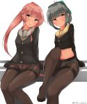  1girl 2girls absurdres adapted_costume alternate_costume bangs blunt_bangs blush bow crotch_seam green_bow grey_hair hair_bow hair_flaps head_tilt highres kantai_collection knee_up legs long_hair looking_at_viewer multiple_girls navel no_pants panties panties_under_pantyhose pantyhose parted_lips pink_hair plantar_flexion ponytail school_uniform sidelocks simple_background sitting sleeves_past_wrists solo thighband_pantyhose thighs twitter_username underwear uut very_long_hair white_background yellow_eyes yura_(kantai_collection) yuubari_(kantai_collection) 