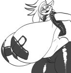  2018 anthro big_breasts borisalien breasts cat clothed clothing digital_media_(artwork) eyewear fangs feline female fur goggles huge_breasts leather_pants line_art looking_at_viewer mammal monochrome nipple_tape nova pasties sabertooth_(feature) solo standing tape thick_thighs vest wide_hips 