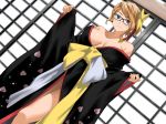  1girl bare_shoulders black-framed_eyewear blue_eyes breasts breasts_apart cleavage closed_mouth clownculture cosplay glasses happy highres indoors japanese_clothes kimono large_breasts legs looking_at_viewer nami_(one_piece) obi off_shoulder one_piece one_piece:_pirate_warriors orange_hair original sash short_hair side_ponytail smile solo standing thighs wide_sleeves 