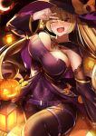  ;d azur_lane belt blonde_hair blush bouncing_breasts breasts brown_eyes cleavage commentary_request covered_nipples detached_sleeves halloween hat jack-o'-lantern jewelry kirome_(kamipaper) large_breasts long_hair necklace nelson_(azur_lane) one_eye_closed open_mouth pantyhose smile solo sweatdrop thick_thighs thighs twintails unaligned_breasts v vial wide_hips witch_hat 