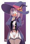  1girl bigdead93 garter_straps hair_over_one_eye hat legs little_witch_academia long_hair mushroom purple_hair pussy solo sucy_manbavaran thighhighs witch witch_hat 