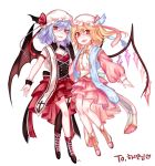  alternate_costume bare_legs bat_wings black_footwear black_wings blonde_hair boots breasts commentary_request cross fangs flandre_scarlet full_body garter_straps gem hat hat_ribbon highres layered_skirt long_sleeves looking_at_viewer mob_cap multiple_girls open_mouth pink_footwear pink_hat pink_skirt puffy_long_sleeves puffy_sleeves red_eyes red_ribbon red_skirt remilia_scarlet ribbon shan siblings simple_background single_thighhigh sisters skirt small_breasts smile thighhighs touhou white_background white_hat wings wrist_cuffs 