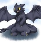  2010 claws doneru dragon green_eyes how_to_train_your_dragon membranous_wings open_mouth simple_background smile solo teeth toothless wings 