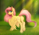  2018 butt cutie_mark digital_media_(artwork) equine feathered_wings feathers feral fluttershy_(mlp) friendship_is_magic hooves looking_at_viewer mammal margony my_little_pony outside pegasus solo wings 