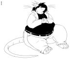  anthro barefoot belly belt big_belly black_and_white buckteeth claws clothed clothing folded_hands fur gillpanda grendel hair jacket male mammal monochrome obese overweight rat rodent sitting smile solo teeth thick_thighs toe_claws 