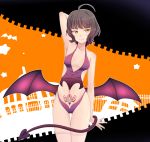  ahoge alternate_costume arm_at_side arm_behind_head arm_up armpits ass_visible_through_thighs bat bat_wings black_hair blush breasts breasts_apart check_commentary closed_mouth collarbone commentary_request cowboy_shot demon_tail eyebrows_visible_through_hair halloween highres kantai_collection kishinami_(kantai_collection) looking_at_viewer low_wings multicolored multicolored_background navel partially_unzipped pubic_tattoo purple_vest purple_wings seductive_smile short_hair smile solo star stomach tail tattoo thong tr-6 vest wings yellow_eyes zipper_pull_tab 