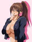  00s 1girl blush breasts brown_eyes brown_hair cleavage erect_nipples eyes_visible_through_hair finger_in_mouth ichigo_100_percent inabakun00 kitaooji_satsuki large_breasts long_hair looking_at_viewer matching_hair/eyes no_bra open_clothes open_shirt parted_lips pink_background ponytail shirt silhouette simple_background solo upper_body 