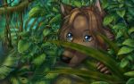  2018 black_nose blue_eyes brown_fur brown_hair canine detailed_background digital_media_(artwork) fur hair jay-kuro jungle leaf mammal solo 