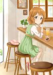  bar_stool blue_eyes blush cellphone commentary_request cup dress drinking_glass drinking_straw full_body green_dress idolmaster idolmaster_million_live! indoors light_brown_hair long_sleeves looking_at_viewer mugi_(banban53) phone plant potted_plant short_hair sitting sleeveless sleeveless_dress solo stool suou_momoko undershirt window 