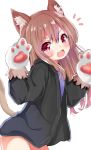  :3 :d animal_ears black_hoodie blue_shirt brown_hair cat_ears cat_tail commentary fang gloves hood hood_down hoodie long_hair long_sleeves nagomi_yayado no_pants open_clothes open_hoodie open_mouth original paw_gloves paws red_eyes shirt smile tail v-shaped_eyebrows 