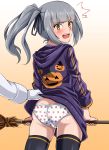  1girl alternate_costume ass black_legwear blush broom commentary_request eyebrows_visible_through_hair food_print gradient gradient_background grey_hair halloween happy_halloween hat highres hood hood_down hooded_track_jacket jack-o'-lantern_print jacket kantai_collection kasumi_(kantai_collection) lifted_by_another long_hair long_sleeves open_mouth panties print_jacket pumpkin purple_jacket remodel_(kantai_collection) side_ponytail skindentation strawberry_print track_jacket underwear witch_hat yellow_eyes zanntetu 