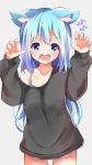  animal_ears black_sweater blue_eyes blue_hair claw_pose commentary d: fang furrowed_eyebrows gradient_hair light_blue_hair long_hair long_sleeves multicolored_hair nagomi_yayado naked_sweater no_pants off_shoulder open_mouth original roaring sweater wolf_ears 