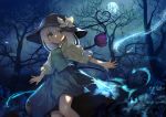  adapted_costume bangs bare_tree black_hat bow commentary_request forest full_moon green_eyes green_skirt green_vest hat hat_bow heart heart_of_string highres komeiji_koishi looking_to_the_side medium_hair miniskirt moon nature night night_sky onion_(onion_and_pi-natto) outdoors outstretched_arms puffy_sleeves shirt silver_hair skirt skirt_set sky solo third_eye touhou tree vest white_bow yellow_shirt 