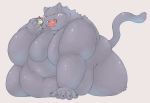  2018 ambiguous_gender anthro belly big_belly black_fur blush breasts cake chubby_cheeks claws crumbs deep_navel digital_media_(artwork) eating fangs feline food fur grey_background hi_res jaguar kneeling looking_at_viewer love_handles mammal navel obese on_ground open_mouth overweight pink_nose simple_background solo thick_thighs yellow_sclera ガブ 