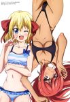  ;d absurdres ass_visible_through_thighs bikini black_swimsuit blonde_hair blue_eyes blue_frills blush body_blush bow breasts brown_eyes collarbone eyebrows_visible_through_hair eyes_visible_through_hair fingernails frilled_bikini frills hair_between_eyes hair_bow highres itou_mariko jeanne_d'arc_(ulysses) la_hire_(ulysses) large_breasts long_hair looking_at_viewer magazine_scan megami multiple_girls navel official_art one_eye_closed open_hand open_mouth parted_lips ponytail red_bow red_hair revealing_swimsuit scan shiny shiny_hair shiny_skin short_hair shoulder_blush simple_background slingshot_swimsuit small_breasts smile striped striped_bikini swimsuit tongue ulysses_jeanne_d'arc_to_renkin_no_kishi v white_background 