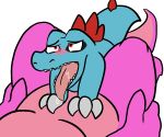  2018 anthro blush drooling duo female feral kobold larger_female lying male male/female missionary_position nintendo nude on_back open_mouth pok&eacute;mon pok&eacute;mon_(species) red_eyes reptile saliva scalie sex simple_background size_difference smaller_male spaffy tongue tongue_out totodile trout_(artist) vaginal video_games 