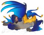  2018 anthro avian balls beak bird bird_wyvern black_penis capcom claws erection feathers fur humanoid_penis looking_at_viewer male malfestio membranous_wings monster_hunter nude owl penis red_eyes rollwulf simple_background solo talons toe_claws video_games wings 
