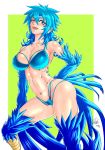  ;) armpits bikini blue_bikini blue_feathers blue_fur blue_hair border breasts brown_eyes cleavage collarbone commentary contrapposto corset_piercing cowboy_shot dated eyelashes fangs green_background hair_between_eyes harpy highres large_breasts medium_hair monster_girl navel one_eye_closed original outside_border piercing ribbon short_eyebrows signature smile solo standing stomach swimsuit tail_feathers thick_thighs thighs toned zippedsquire 