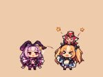  &gt;_&lt; azur_lane blonde_hair brown_background chibi facing_another hairband hobby_(azur_lane) ino_futon justice_(azur_lane) kalk_(azur_lane) long_hair meowficer_(azur_lane) multicolored_hair multiple_girls open_mouth pixel_art purple_eyes red_hair simple_background smile star twintails white_hair 