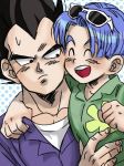  :d ^_^ arm_around_shoulder black_eyes black_hair blue_hair blue_shirt carrying clenched_hand closed_eyes dragon_ball dragon_ball_super dragon_ball_z expressionless eyewear_on_head father_and_son fingernails floral_print green_shirt happy hawaiian_shirt hug looking_at_viewer male_focus multiple_boys nervous open_mouth polka_dot polka_dot_background serious shirt short_hair simple_background smile spiked_hair sunglasses sweatdrop trunks_(dragon_ball) upper_body vegeta white_background white_shirt 