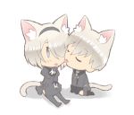  1boy 1girl animal_ears black_dress blue_eyes boots cat_ears chibi dress hair_over_one_eye nier nier_(series) nier_automata short_hair tail thigh_boots thighhighs white_hair yorha_no._2_type_b yorha_no._9_type_s 