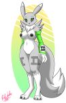  2018 3_fingers 3_toes alternate_color anthro areola biped black_areola black_nipples black_nose black_sclera breasts canine claws digimon digimon_(species) digitigrade dipstick_tail female fluffy fluffy_tail fox fur green_eyes grey_fur grey_tail iabelle long_ears long_tail mammal markings mostly_nude multicolored_fur multicolored_tail navel neck_tuft nipples pussy renamon sleeves socks_(marking) solo standing toes tuft two_tone_fur two_tone_tail video_games white_fur white_tail 