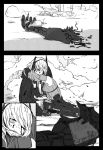  bleeding blood comic commentary_request core_(girls_frontline) damaged girls_frontline greyscale gz_(gzdteee) headset hug jumpsuit m4_sopmod_ii_(girls_frontline) m4a1_(girls_frontline) monochrome multiple_girls parts_exposed scar severed_hand severed_limb silent_comic sitting smoke spoilers 