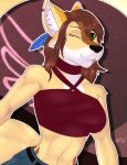  abstract_background anthro breasts brown_hair brown_markings canine clothed clothing ear_markings facial_markings female fur green_eyes green_sclera gyan hair mammal markings skylosminkan solo tongue tongue_out 