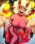  1girl ashido_mina bare_shoulders black_sclera boku_no_hero_academia breasts breasts_outside casual collarbone highres horns japanese_clothes kimono leaning_forward lips medium_breasts midriff oni oni_horns pink_hair pink_skin short_hair smile solo thehumancopier toned yellow_eyes 