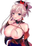  8_(siihachi) :q asymmetrical_hair bare_shoulders black_legwear blue_eyes blue_kimono blush breasts fate/grand_order fate_(series) finger_to_face hair_ornament highres japanese_clothes kimono large_breasts leaf_print lips long_hair looking_at_viewer magatama maple_leaf_print miyamoto_musashi_(fate/grand_order) nipples obi pink_hair ponytail sash simple_background sleeveless sleeveless_kimono smile solo tongue tongue_out white_background 