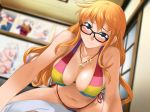  1girl bare_arms bare_legs bikini black-framed_eyewear black_eyes blonde_hair blush breasts cleavage closed_mouth clownculture cosplay erect_nipples glasses highres indoors jewelry large_breasts legs long_hair looking_at_viewer lying nami_(one_piece) nami_(one_piece)_(cosplay) navel necklace one_piece original pov shy sitting sitting_on_person smile solo_focus string_bikini striped striped_bikini swimsuit thighs 
