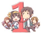  4girls asahina_mikuru brown_eyes brown_hair chibi closed_eyes commentary_request countdown eyebrows_visible_through_hair hair_ribbon kita_high_school_uniform koizumi_itsuki kyon multiple_boys multiple_girls nagato_yuki necktie open_mouth purple_eyes purple_hair ribbon school_uniform serafuku short_hair simple_background skirt smile suzumiya_haruhi suzumiya_haruhi_no_yuuutsu taiki_(6240taiki) watahashi_yasumi white_background 