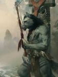  anthro armband beard black_hair blue_eyes canine clothing facial_hair fangs feathers fog fur fur_paint grey_fur hair loincloth male mammal mane markings melee_weapon muscular muscular_male nomax polearm solo spear totem_pole tribal weapon were werewolf wolf 