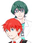  2boys bangs blue_eyes blue_eyesglasses collared_shirt green_hair green_shirt hibiki_yuuta male_focus multiple_boys necktie open_clothes open_shirt red_hair red_neckwear school_uniform shirt short_hair short_sleeves ssss.gridman utsumi_shou waistcoat white_shirt wing_collar 