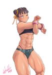  abs alternate_costume armpits bare_arms bare_legs bare_shoulders black_panties bracelet breasts brown_eyes brown_hair buttons chun-li commentary_request cowboy_shot dated denim denim_shorts hair_bun hair_ribbon hands_up highleg highleg_panties highres hori_shin jewelry looking_to_the_side midriff muscle muscular_female navel one_eye_closed panties ribbon short_hair short_shorts shorts signature simple_background skindentation solo standing stomach street_fighter stretch tan tank_top thick_thighs thighs toned twisted_torso underboob underwear white_background 