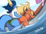  anthro blonde_hair blue_eyes blue_hair blue_skin bottomless breasts butt clothed clothing dildo duo eeveelution eye_patch eyewear female female/female female_penetrating fence flareon fluffy fluffy_tail from_behind_position fur hair hand_on_butt looking_back nintendo outside partially_submerged penetration pok&eacute;mon pok&eacute;mon_(species) pussy raised_tail rear_view red_fur sex sex_toy sky snout strapon swimsuit thedemonfoxy umbrella vaginal vaginal_penetration vaporeon video_games water white_shirt 