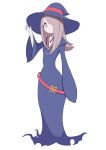  absurdres asia_maru commentary english_commentary expressionless full_body hair_over_one_eye hand_on_headwear hat highres little_witch_academia long_hair looking_at_viewer luna_nova_school_uniform pink_hair red_eyes simple_background solo sucy_manbavaran white_background wide_sleeves witch witch_hat 