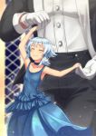  1girl ^_^ armpits arms_up black_pants blue_choker blue_dress blue_hair blurry blurry_background blush choker closed_eyes closed_mouth collarbone commentary_request dancing dress evening_gown flat_chest frilled_dress frills giant glint gloves happy indoors long_hair long_sleeves low_ponytail out_of_frame pants pixiv_fantasia pixiv_fantasia_revenge_of_the_darkness sasebono_mari shiny shiny_hair shirt size_difference sleeve_cuffs sleeveless sleeveless_dress smile solo_focus white_gloves white_shirt window 
