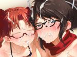  2girls asuka_(senran_kagura) asuka_(senran_kagura)_(cosplay) bikini black-framed_eyewear black_hair blue_eyes blush breasts bukkake closed_mouth clownculture cosplay cum cum_in_mouth cum_on_hair embarrassed erect_nipples eyes_closed facial glasses high_ponytail highres looking_at_viewer multiple_girls original ponytail red-framed_eyewear red_hair red_scarf scarf semi-rimless_eyewear senran_kagura shirai_kuroko shirai_kuroko_(cosplay) small_breasts swimsuit tied_hair to_aru_kagaku_no_railgun to_aru_majutsu_no_index twintails wet 