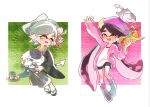  2girls :t angry animal aori_(splatoon) artist_name beanie black_hair black_kimono black_shorts blush_stickers brown_eyes cat commentary cousins cup domino_mask earrings emphasis_lines fang fork frown gradient_hair green_background grey_hair hair_over_shoulder hat holding holding_animal holding_fork hot_dog hotaru_(splatoon) invisible_chair jacket jajji-kun_(splatoon) japanese_clothes jewelry kimono kitten kojajji-kun_(splatoon) long_hair looking_at_another mask mole mole_under_eye multicolored_hair multiple_girls open_clothes open_jacket open_mouth outsider_0 pink_jacket plate pointy_ears purple_background purple_hair purple_hat purple_legwear saliva sandals shirt shoes short_hair shorts single_vertical_stripe sitting smile socks splatoon_(series) splatoon_2 standing star_hat_ornament sweatdrop tabi ueda_kou very_long_hair waving white_footwear white_legwear wide_sleeves 