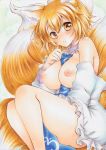  animal_ears bare_legs bare_shoulders between_breasts blonde_hair breasts colored_pencil_(medium) commentary_request dress fox_ears fox_tail frills hair_between_eyes halterneck hand_up knees_up long_sleeves looking_at_viewer marker_(medium) medium_breasts multiple_tails nipples no_bra no_hat no_headwear off_shoulder parted_lips short_hair solo tabard tail touhou traditional_media white_dress yakumo_ran yellow_eyes yuuna_katsumi 
