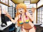  1girl bare_arms bare_legs bare_shoulders bikini black-framed_eyewear blonde_hair breasts chair cleavage clownculture cosplay cowboy_shot desk erect_nipples eyes_closed futon glasses groin happy highres indoors jewelry large_breasts legs long_hair monitor nami_(one_piece) nami_(one_piece)_(cosplay) navel necklace one_piece open_mouth original outstretched_arms smile solo standing string_bikini striped striped_bikini swimsuit thighs v-shaped_eyebrows 