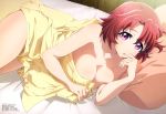  absurdres bed bed_sheet blush body_blush breasts cleavage collarbone covering cow_girl_(goblin_slayer!) eyebrows_visible_through_hair goblin_slayer! highres large_breasts looking_at_viewer lying megami nude nude_cover official_art on_bed on_side open_mouth pillow purple_eyes red_hair shiny shiny_hair shiny_skin short_hair solo toda_mai 
