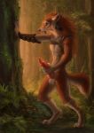  2018 4_fingers akineza anthro black_lips black_nose brown_fur canine detailed_background digital_media_(artwork) forest fur knot male mammal open_mouth orange_eyes orange_fur penis solo standing teeth tongue tree wolf 