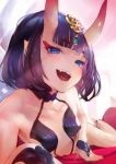  :d armpit_peek bangs blue_eyes breasts cleavage collarbone commentary evil_grin evil_smile eyebrows_visible_through_hair fangs fate/grand_order fate_(series) grin hair_ornament head_tilt horns laughing looking_at_viewer lying on_bed on_side oni oni_horns open_mouth pointy_ears purple_hair short_hair shuten_douji_(fate/grand_order) smile solo teeth thighs tocope 