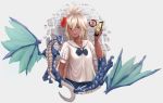  :d alternate_costume arm_at_side artist_name bangs black_bow black_neckwear blonde_hair bow brick_wall cellphone commentary_request dark_skin dragon flower granblue_fantasy grey_background hair_between_eyes head_tilt hibiscus highres holding holding_phone long_hair looking_at_viewer open_mouth phone red_eyes red_flower shirt short_sleeves smartphone smile solo tataow upper_body very_long_hair white_shirt zooey_(granblue_fantasy) 